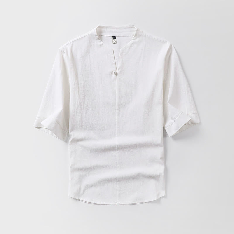 Buddha Stones Casual Plain Color One Button Three Quarter Sleeve Cotton Linen Men's Shirt - White - US/UK/AU54，EU64 (9XL) - image 1