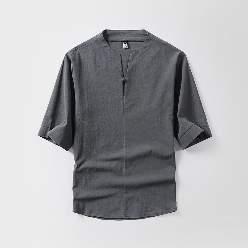 Buddha Stones Casual Plain Color One Button Three Quarter Sleeve Cotton Linen Men's Shirt - Gray - US/UK/AU54，EU64 (9XL) - image 0