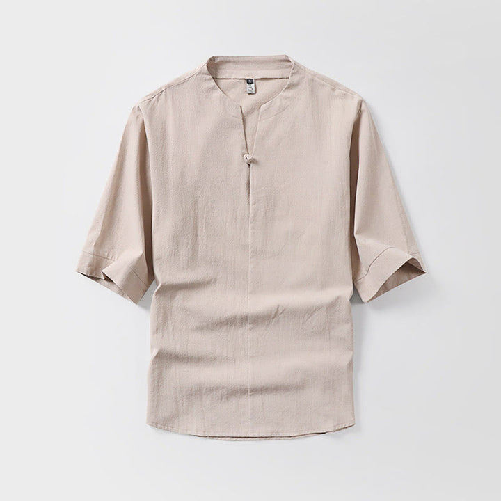 Buddha Stones Casual Plain Color One Button Three Quarter Sleeve Cotton Linen Men's Shirt - Wheat - US/UK/AU54，EU64 (9XL) - image 4