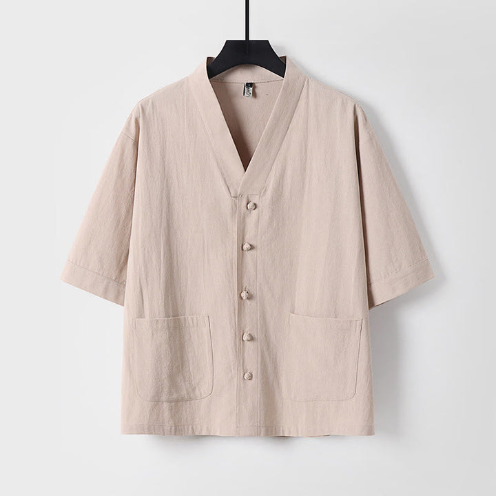 Buddha Stones Casual Plain Color Three Quarter Sleeve Front Button Cotton Linen Men's Shirt With Pockets - Wheat - US/UK/AU54，EU64 (9XL) - image 0