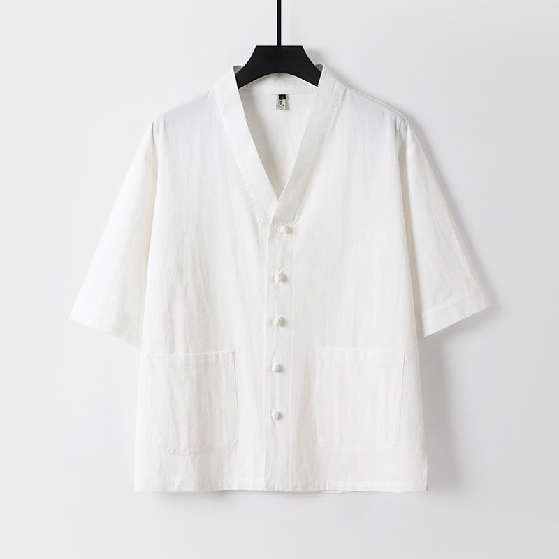 Buddha Stones Casual Plain Color Three Quarter Sleeve Front Button Cotton Linen Men's Shirt With Pockets - White - US/UK/AU54，EU64 (9XL) - image 9