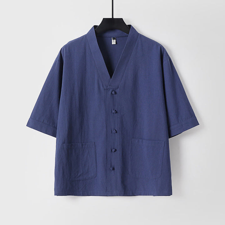 Buddha Stones Casual Plain Color Three Quarter Sleeve Front Button Cotton Linen Men's Shirt With Pockets - DarkBlue - US/UK/AU54，EU64 (9XL) - image 12