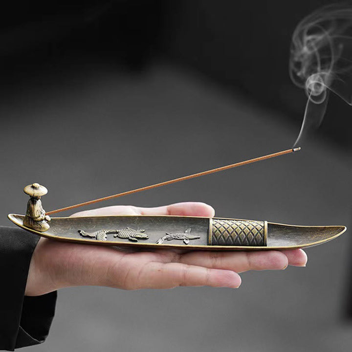 Buddha Stones Fisherman Boat Koi Fish Zinc Alloy Incense Stick Holder Healing Incense Burner Decoration