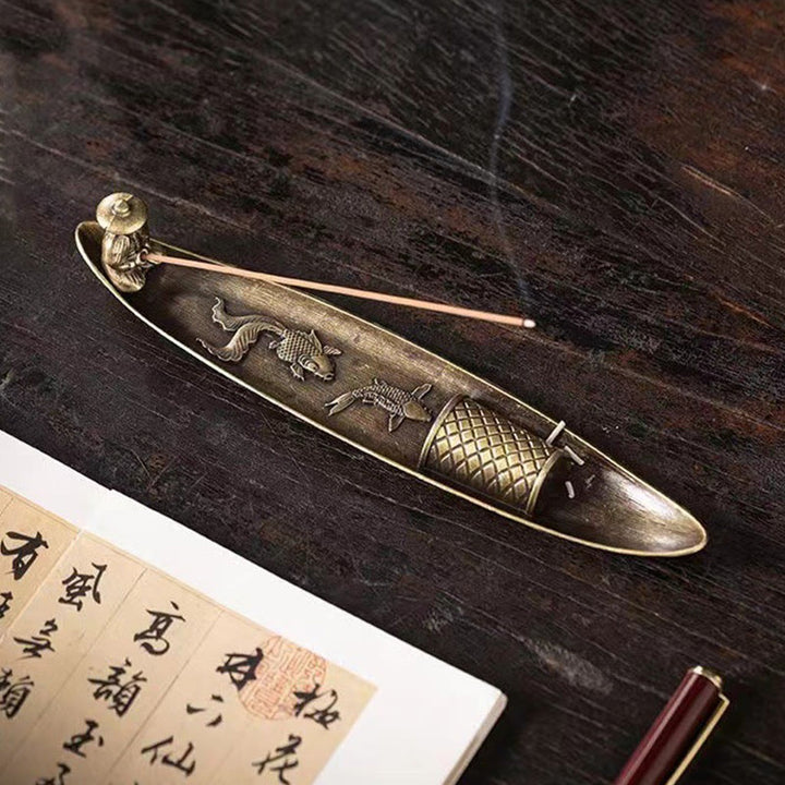 Buddha Stones Fisherman Boat Koi Fish Zinc Alloy Incense Stick Holder Healing Incense Burner Decoration