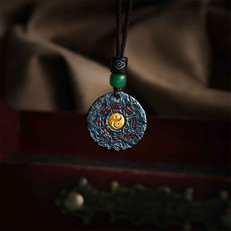 Buddha Stones 999 Sterling Silver 24k Gold Bagua Tai Chi Yin Yang Design Mountain Ghosts Spend Money Harmony Necklace Pendant - 999 Sterling Silver & Cotton Rope Chain - image 1