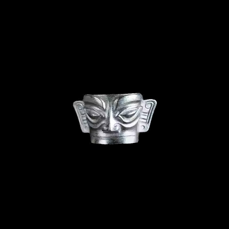 Buddha Stones 999 Sterling Silver Hand Casting Sanxingdui Mask Protection Ring