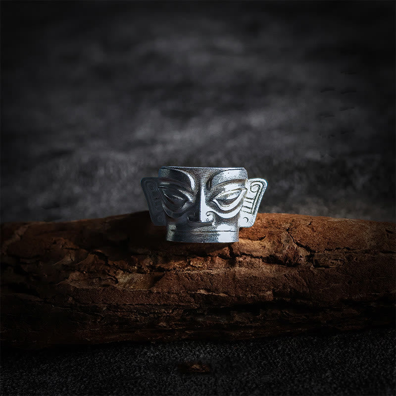 Buddha Stones 999 Sterling Silver Hand Casting Sanxingdui Mask Protection Ring - 999 Sterling Silver - US10 - image 0