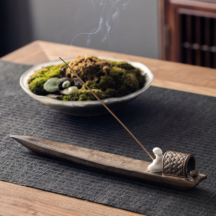 Buddha Stones Fisherman Zen Healing Brown Ceramic Stick Incense Burner Decoration - image 1