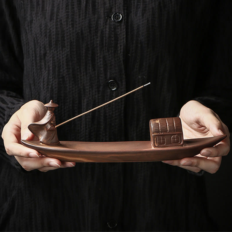 Buddha Stones Fisherman Fishing Boat Bamboo Buddha Hand Lotus Spiritual Healing Ceramic Stick Incense Burner Decoration - image 1