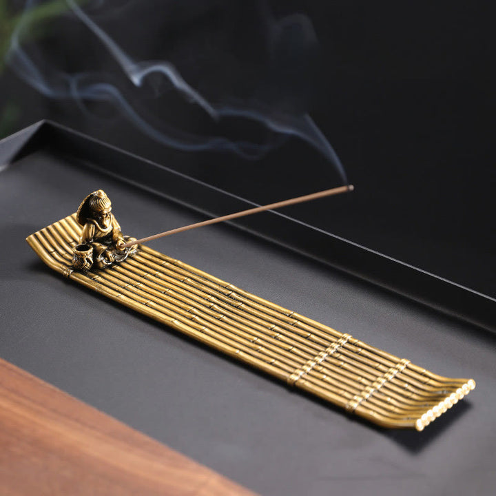Buddha Stones Fisherman Bamboo Fishing Boat Alloy Incense Stick Holder Healing Incense Burner Decoration - 25*4.6*4cm - image 0