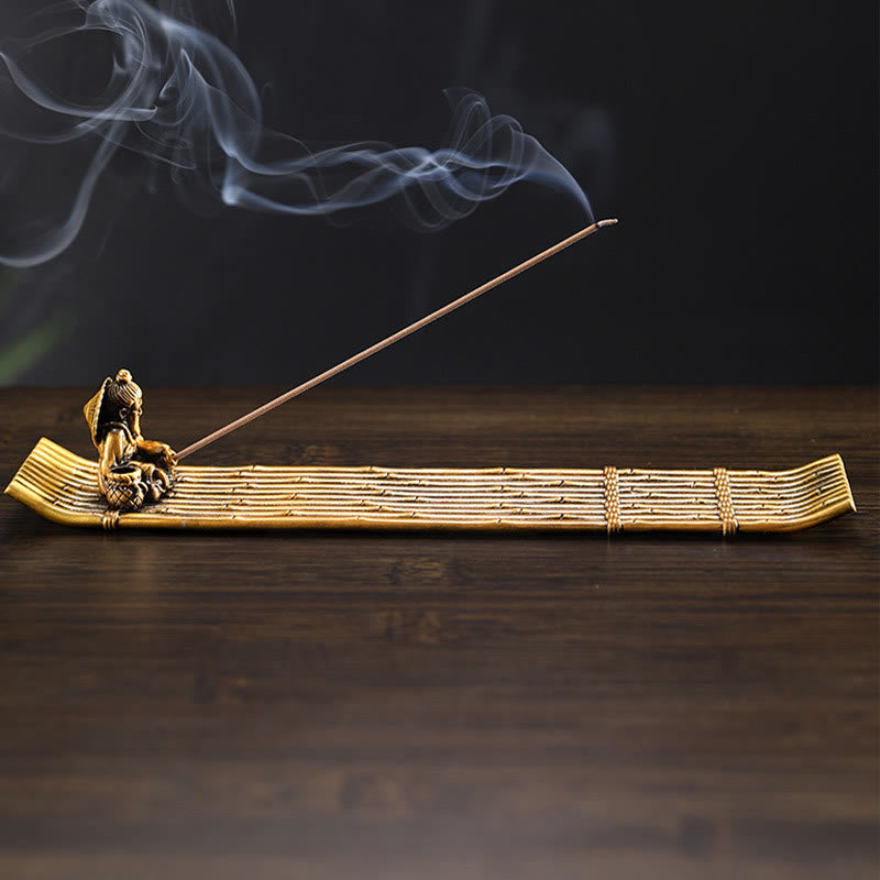Buddha Stones Fisherman Bamboo Fishing Boat Alloy Incense Stick Holder Healing Incense Burner Decoration - image 2
