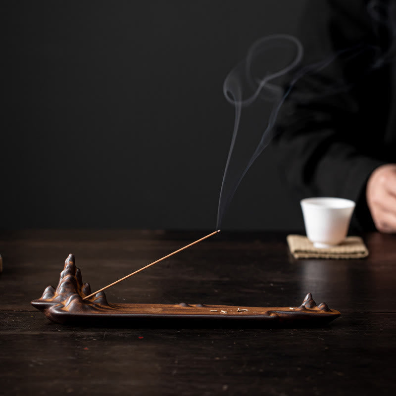 Buddha Stones Mountains Boat Design Spiritual Healing Ceramic Stick Incense Burner Decoration - Brown 27.3*4.1*6cm - image 0