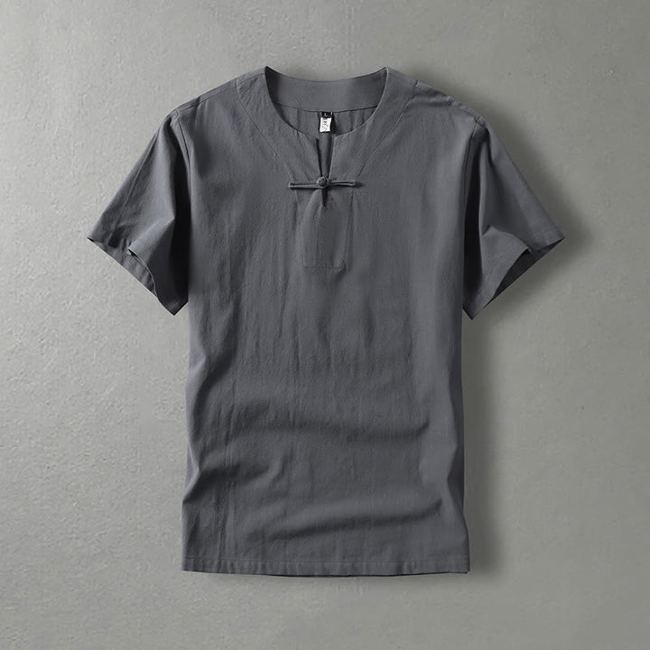 Buddha Stones Casual Plain Color Short Sleeve One Frog Button Cotton Linen Men's Shirt - Gray - US/UK/AU54，EU64 (9XL) - image 0
