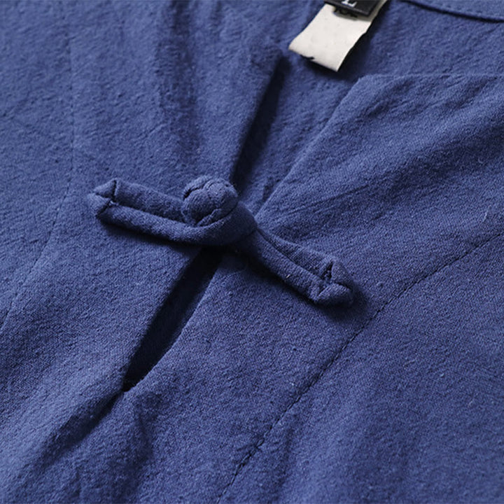 Buddha Stones Casual Plain Color Short Sleeve One Frog Button Cotton Linen Men's Shirt - image 8