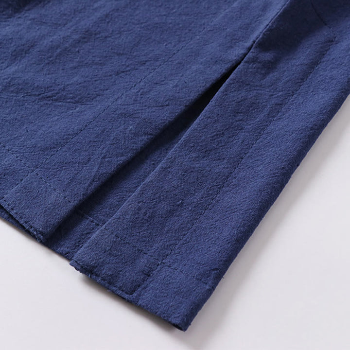 Buddha Stones Casual Plain Color Short Sleeve One Frog Button Cotton Linen Men's Shirt - image 10