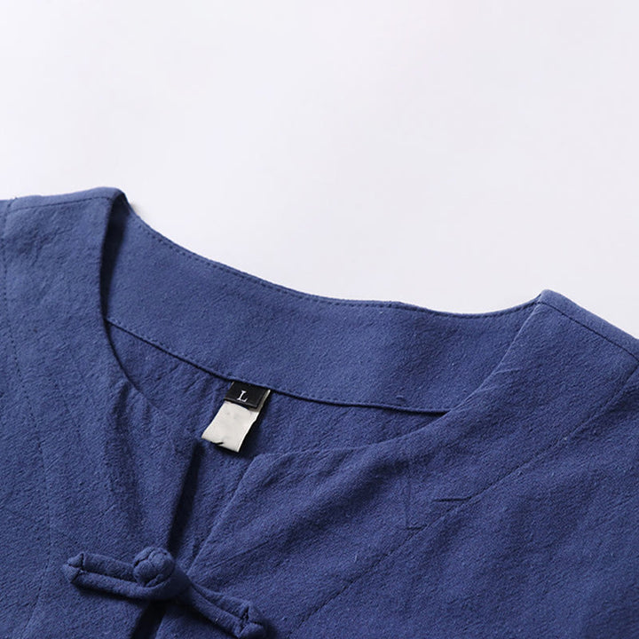 Buddha Stones Solid Color Short Sleeve One Frog Button Cotton Linen Men's Shirt - image 7