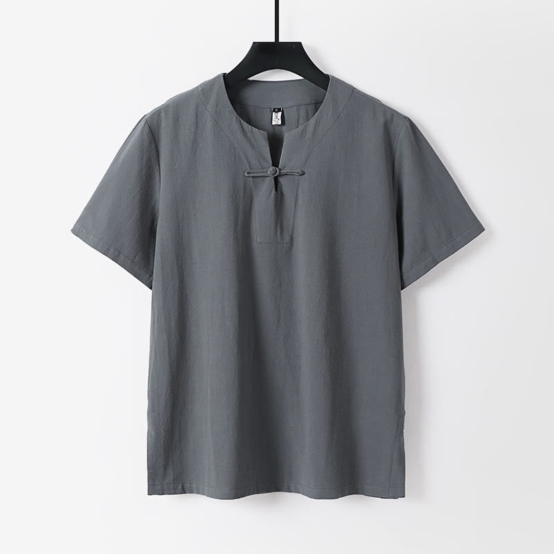 Buddha Stones Solid Color Short Sleeve One Frog Button Cotton Linen Men's Shirt - Gray - US/UK/AU54，EU64 (9XL) - image 0