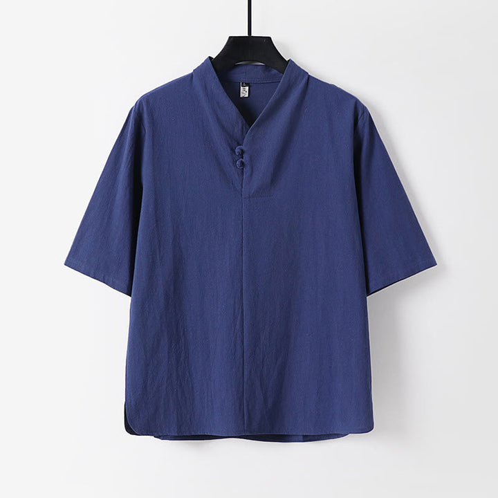 Buddha Stones Casual Plain Color Two Buttons Three Quarter Sleeve Cotton Linen Men's Shirt