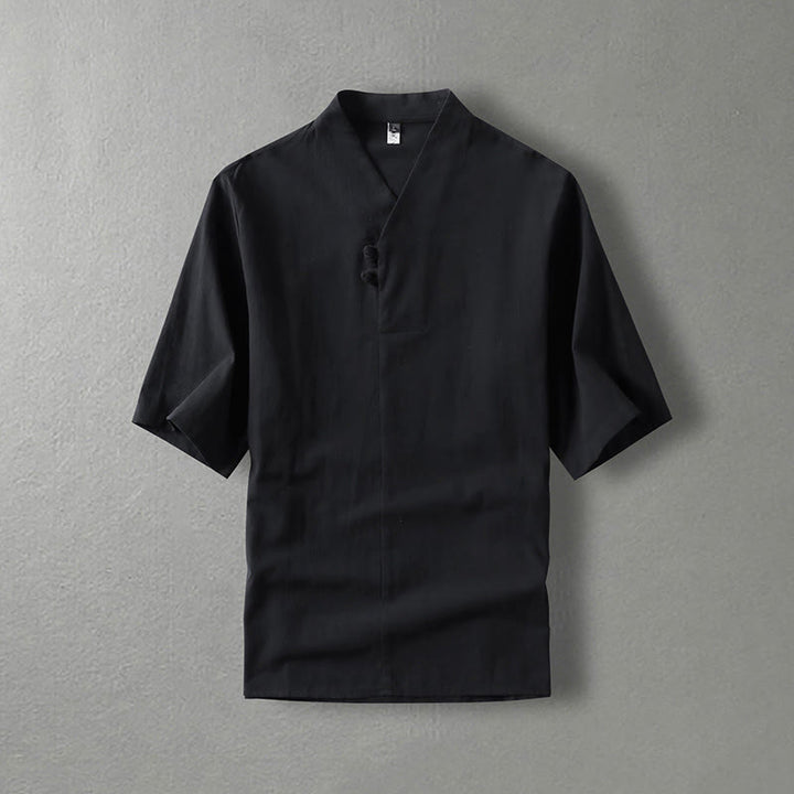 Buddha Stones Casual Plain Color Two Buttons V-neck Three Quarter Sleeve Cotton Men's Shirt - Black - US/UK/AU54，EU64 (9XL) - image 4