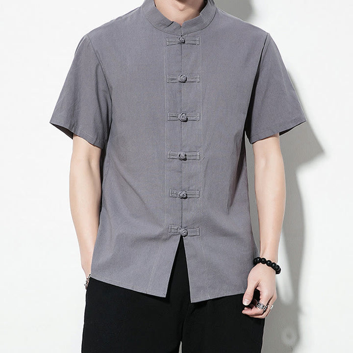 Buddha Stones Casual Solid Color Front Frog Buttons Chinese Tang Suit Short Sleeve Linen Men's Shirt - image 23