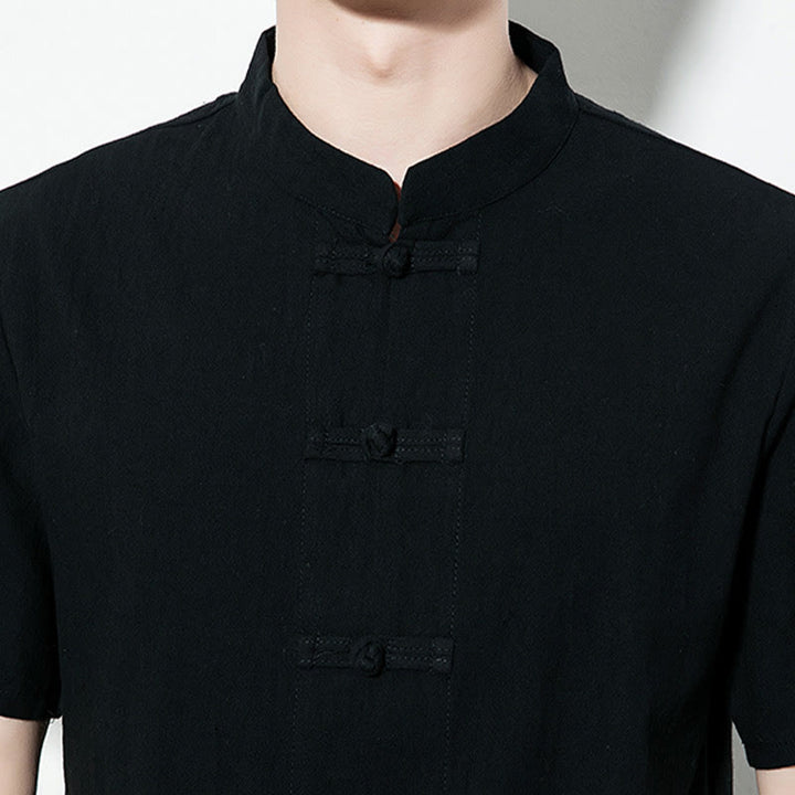 Buddha Stones Casual Solid Color Front Frog Buttons Chinese Tang Suit Short Sleeve Linen Men's Shirt - image 19