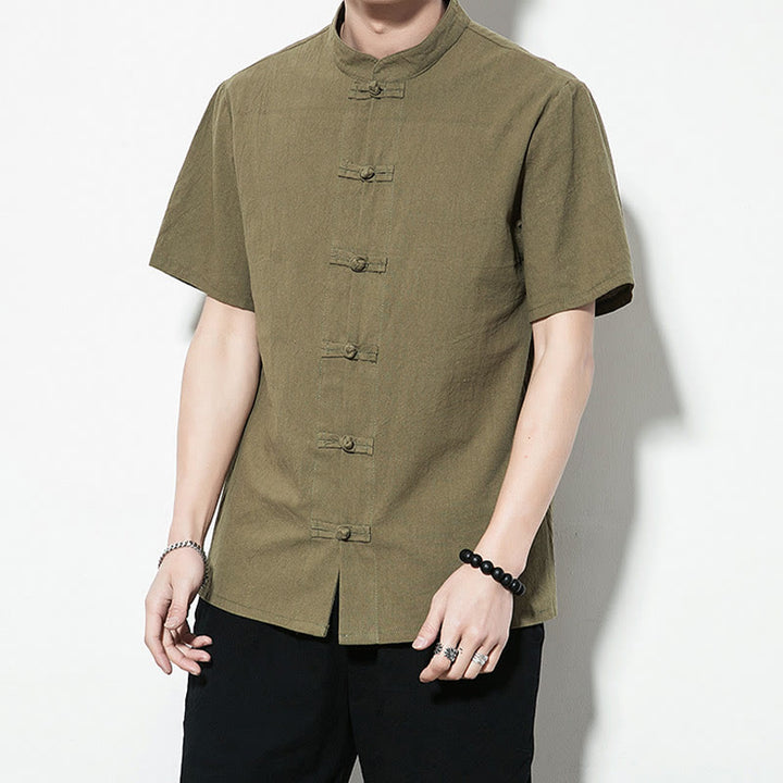 Buddha Stones Casual Solid Color Front Frog Buttons Chinese Tang Suit Short Sleeve Linen Men's Shirt