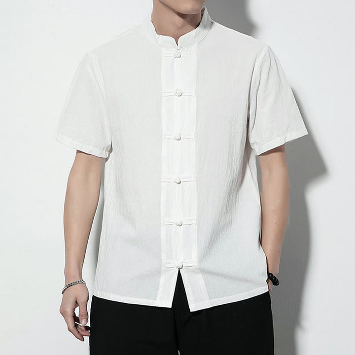 Buddha Stones Casual Solid Color Front Frog Buttons Chinese Tang Suit Short Sleeve Linen Men's Shirt - image 11