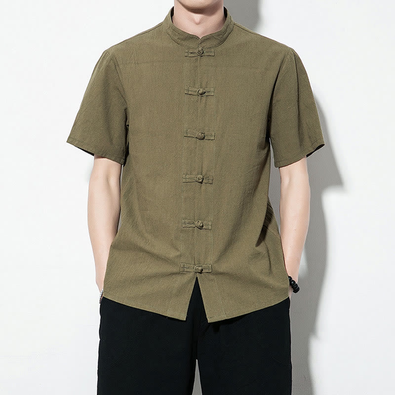 Buddha Stones Casual Solid Color Front Frog Buttons Chinese Tang Suit Short Sleeve Linen Men's Shirt