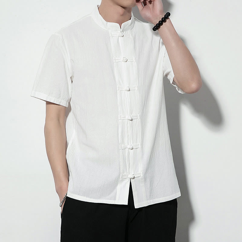 Buddha Stones Casual Solid Color Front Frog Buttons Chinese Tang Suit Short Sleeve Linen Men's Shirt - image 12