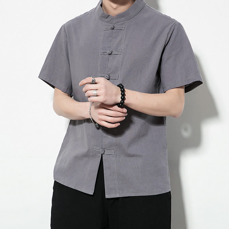 Buddha Stones Casual Solid Color Front Frog Buttons Chinese Tang Suit Short Sleeve Linen Men's Shirt - image 25