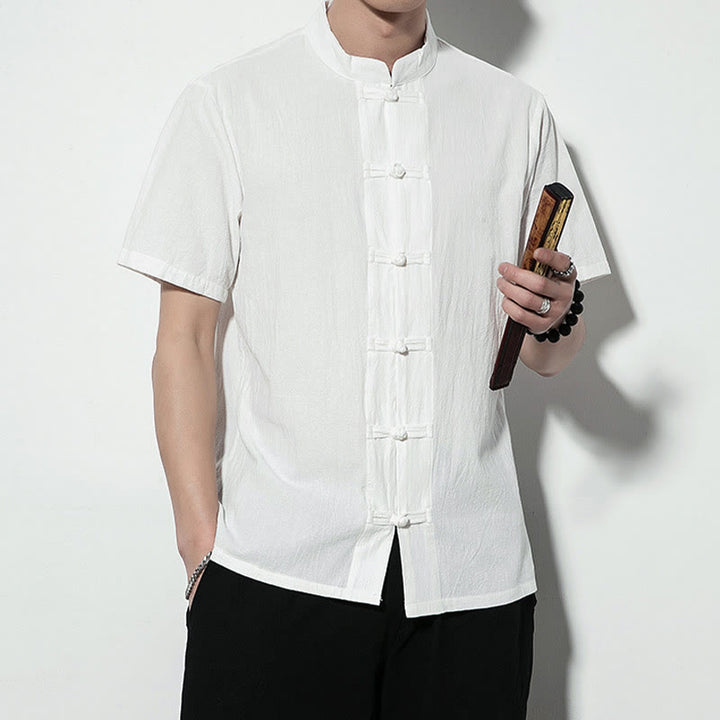 Buddha Stones Casual Solid Color Front Frog Buttons Chinese Tang Suit Short Sleeve Linen Men's Shirt - image 15