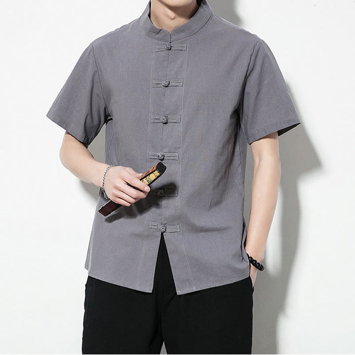 Buddha Stones Casual Solid Color Front Frog Buttons Chinese Tang Suit Short Sleeve Linen Men's Shirt