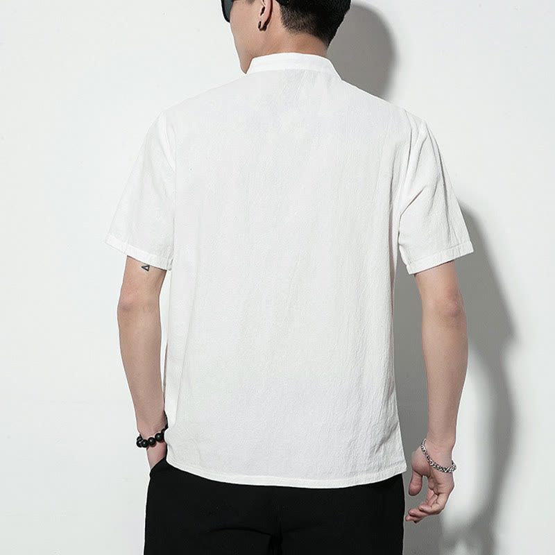 Buddha Stones Casual Solid Color Front Frog Buttons Chinese Tang Suit Short Sleeve Linen Men's Shirt - image 13