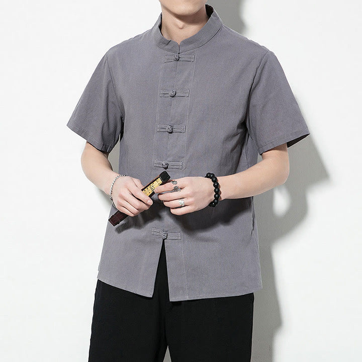 Buddha Stones Casual Solid Color Front Frog Buttons Chinese Tang Suit Short Sleeve Linen Men's Shirt