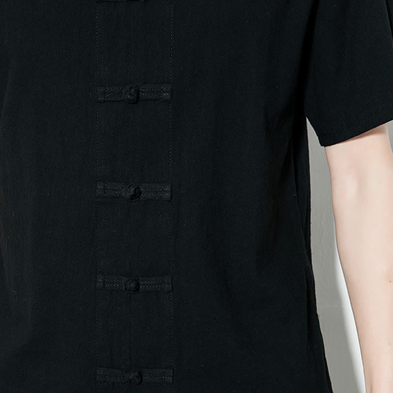 Buddha Stones Casual Solid Color Front Frog Buttons Chinese Tang Suit Short Sleeve Linen Men's Shirt - image 21
