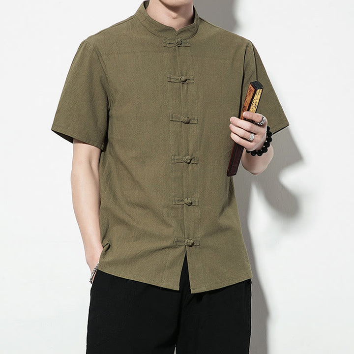 Buddha Stones Casual Solid Color Front Frog Buttons Chinese Tang Suit Short Sleeve Linen Men's Shirt