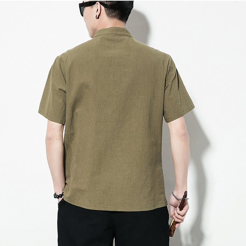 Buddha Stones Casual Solid Color Front Frog Buttons Chinese Tang Suit Short Sleeve Linen Men's Shirt