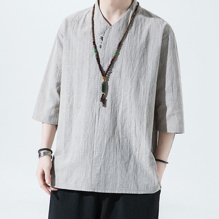 Buddha Stones Casual Solid Color Two Buttons V-neck Three Quarter Sleeve Cotton Linen Men's Shirt