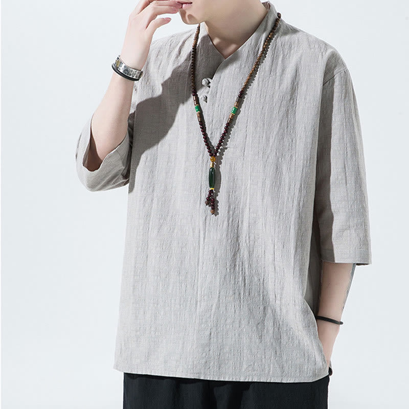 Buddha Stones Casual Solid Color Two Buttons V-neck Three Quarter Sleeve Cotton Linen Men's Shirt - image 2