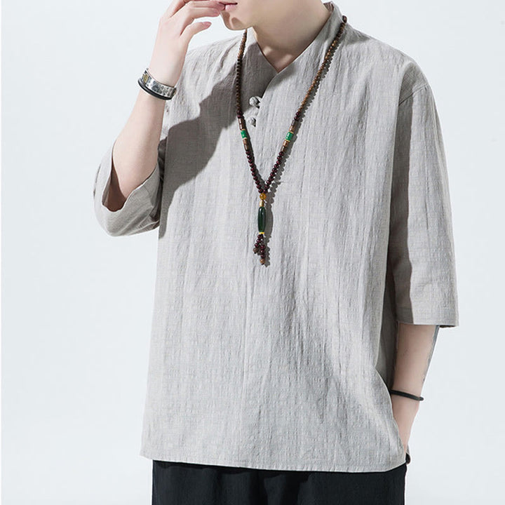 Buddha Stones Casual Solid Color Two Buttons V-neck Three Quarter Sleeve Cotton Linen Men's Shirt - image 2