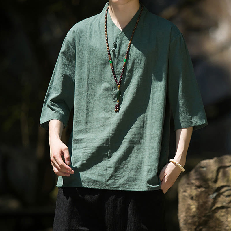 Buddha Stones Casual Solid Color Two Buttons V-neck Three Quarter Sleeve Cotton Linen Men's Shirt