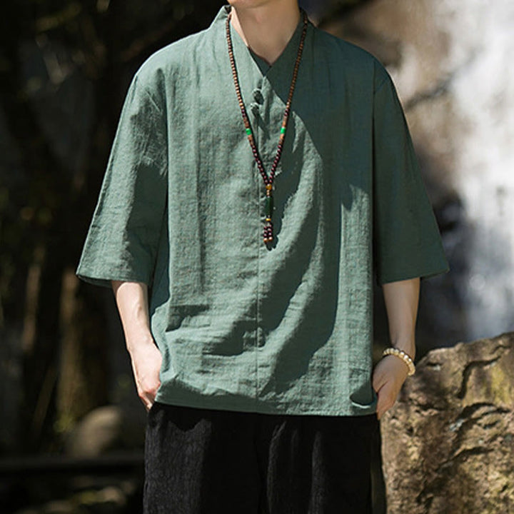 Buddha Stones Casual Solid Color Two Buttons V-neck Three Quarter Sleeve Cotton Linen Men's Shirt