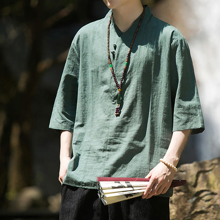 Buddha Stones Casual Solid Color Two Buttons V-neck Three Quarter Sleeve Cotton Linen Men's Shirt - image 13