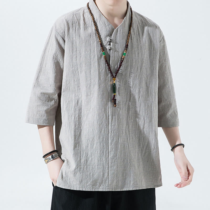 Buddha Stones Casual Solid Color Two Buttons V-neck Three Quarter Sleeve Cotton Linen Men's Shirt