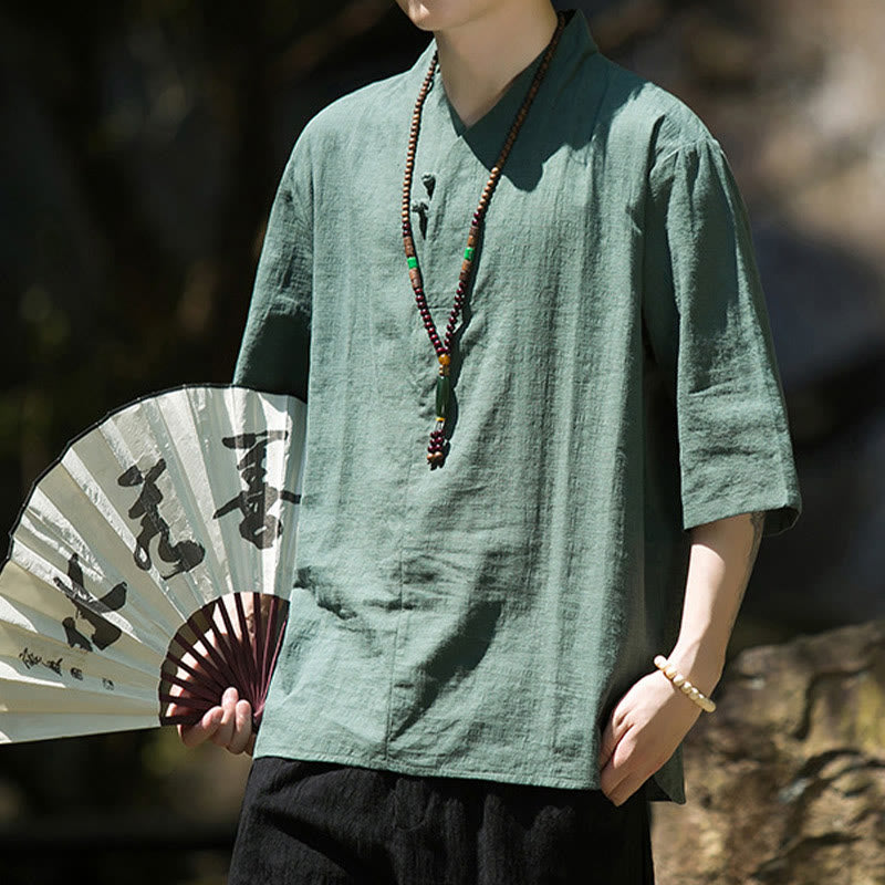 Buddha Stones Casual Solid Color Two Buttons V-neck Three Quarter Sleeve Cotton Linen Men's Shirt - image 12