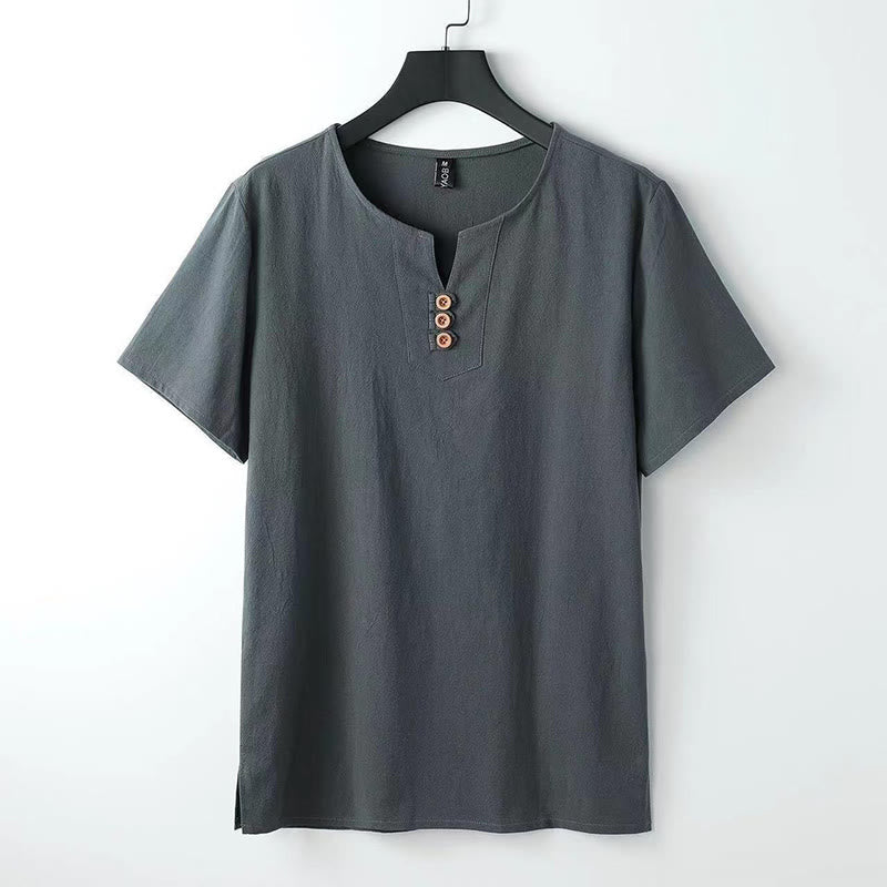 Buddha Stones Solid Color V-neck Three Top Buttons Short Sleeve Cotton linen Men's Shirt