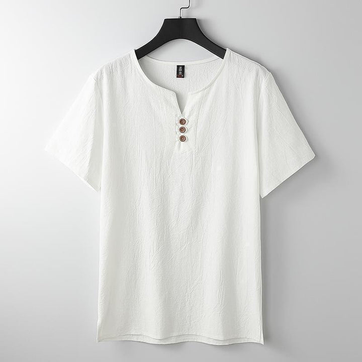 Buddha Stones Solid Color V-neck Three Top Buttons Short Sleeve Cotton linen Men's Shirt - White - US/UK/AU44，EU54 (5XL) - image 1