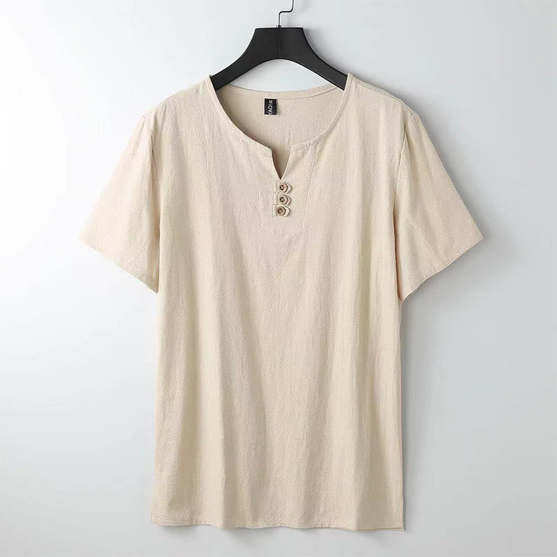 Buddha Stones Solid Color V-neck Three Top Buttons Short Sleeve Cotton linen Men's Shirt - Wheat - US/UK/AU44，EU54 (5XL) - image 0
