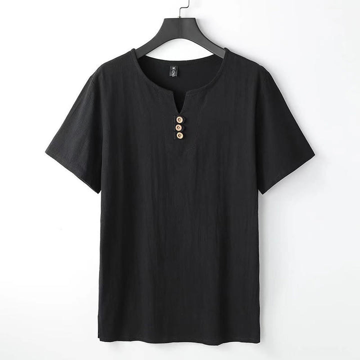 Buddha Stones Solid Color V-neck Three Top Buttons Short Sleeve Cotton linen Men's Shirt - Black - US/UK/AU44，EU54 (5XL) - image 8