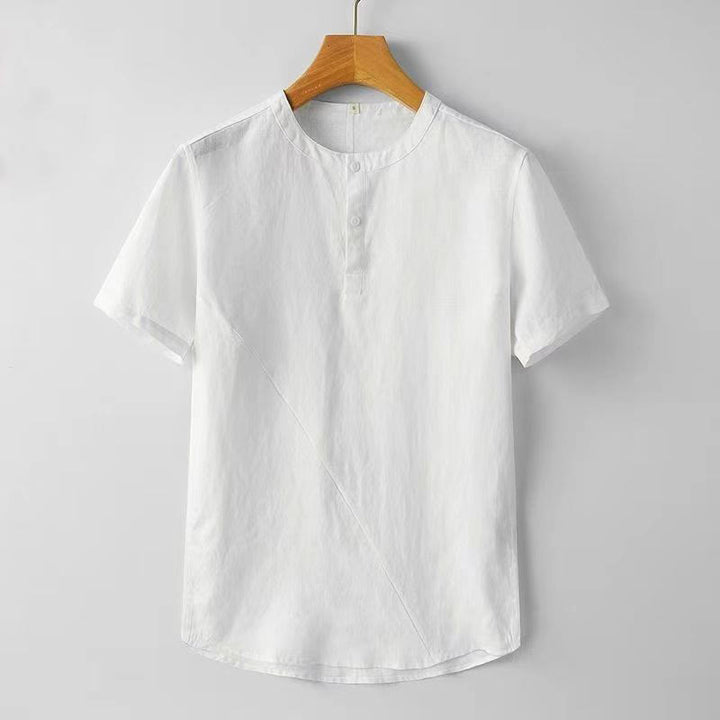 Buddha Stones Solid Color Short Sleeve Two Top Buttons Polyseter Linen Men's Shirt - White - US/UK/AU44，EU54 (4XL) - image 2